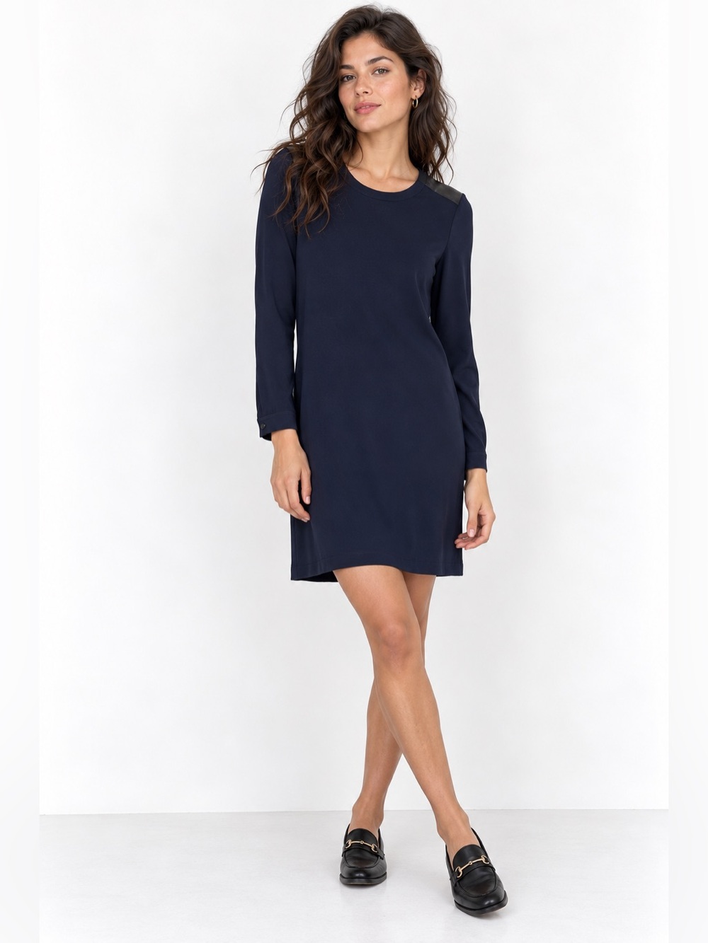 Willow & Thread Navy Mixed Media Sweater Dress Faux Leather – size M